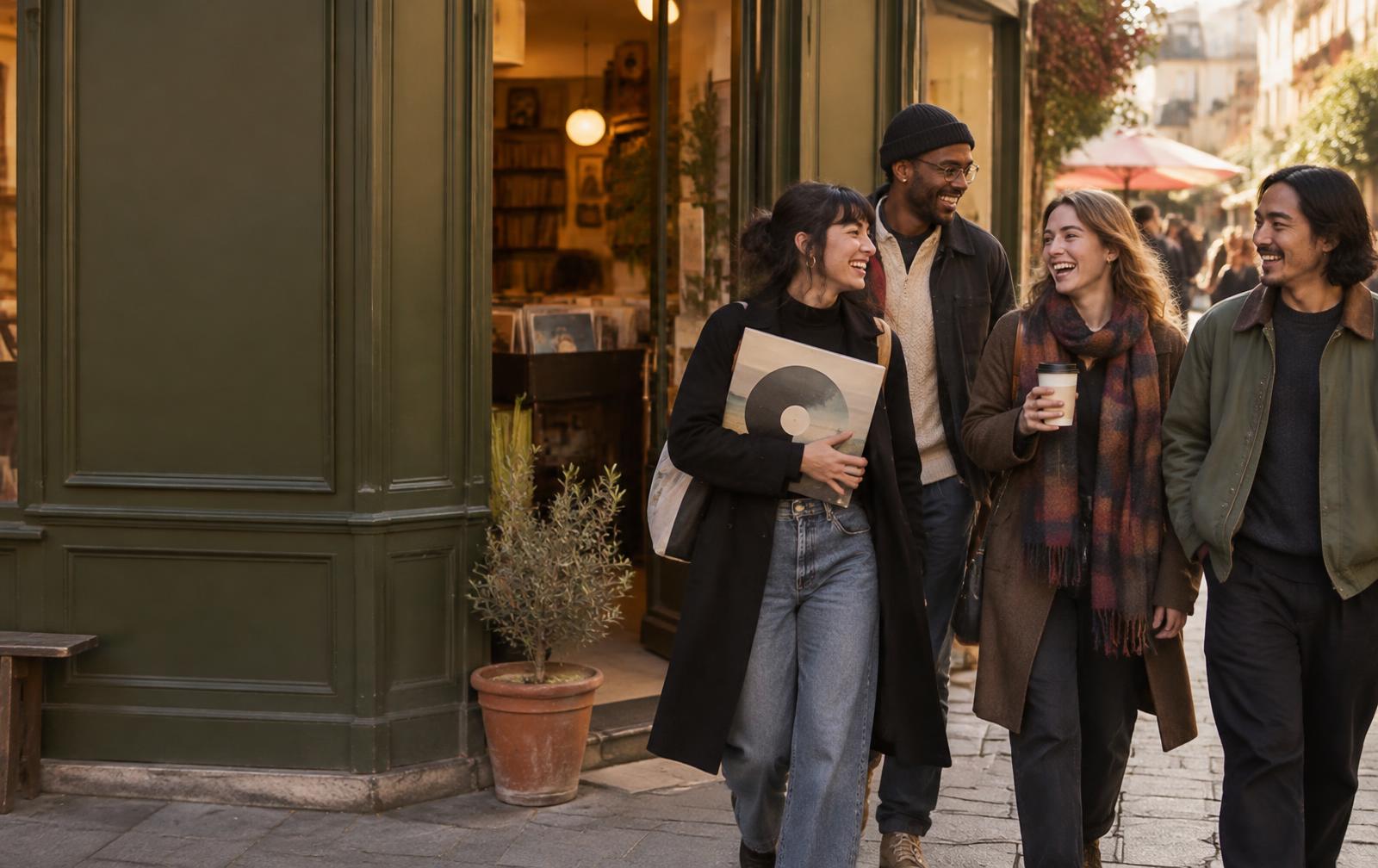 Illustrative scene of friends sharing coffee and records on a city street